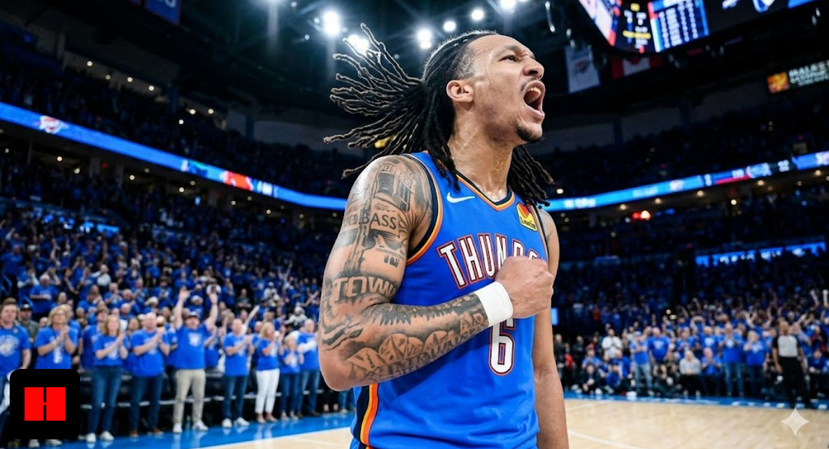 Oklahoma City Thunder forward Jaylin Williams shouting in celebration during a home game at Paycom Center.