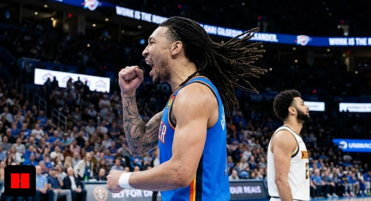 Oklahoma City Thunder player Jaylin Williams with dreadlocks celebrating a play with a fist pump against the Denver Nuggets in a crowded NBA arena.