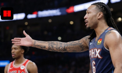 Oklahoma City Thunder player Jaylin Williams wearing a blue City Edition jersey with number 6, gesturing with open arms during a game against the Chicago Bulls.