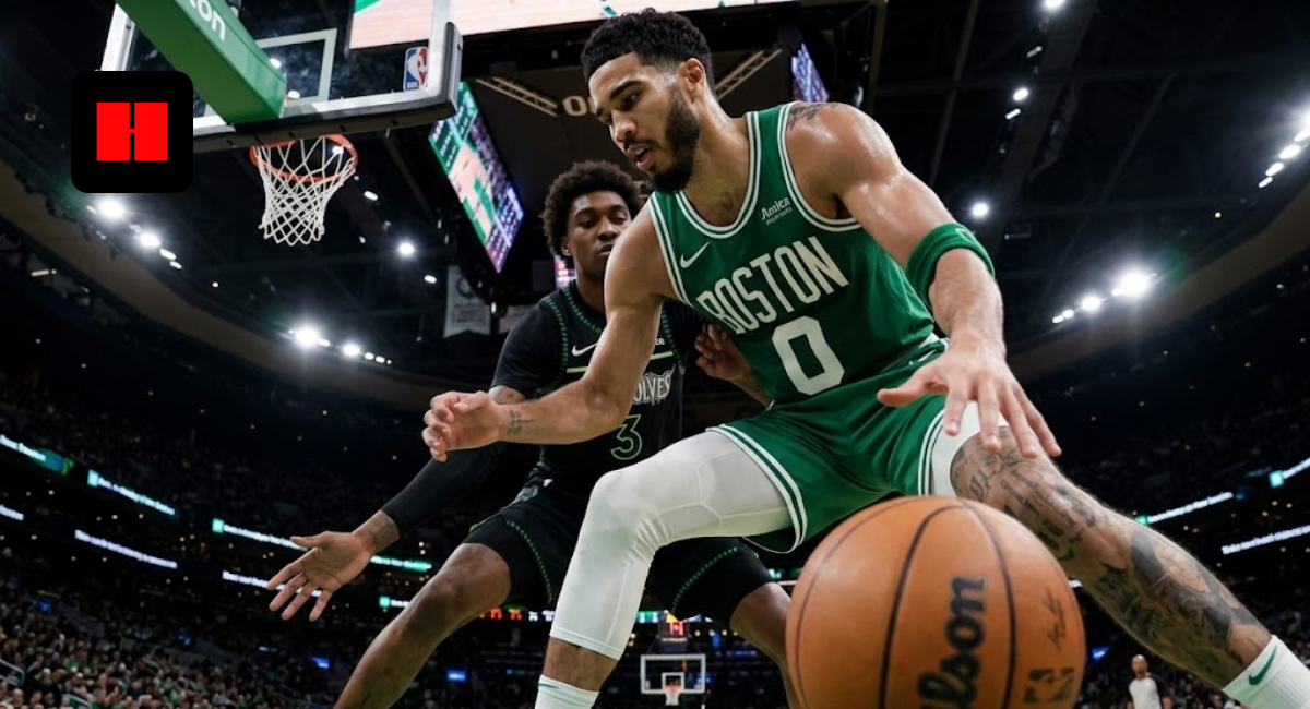 Jayson Tatum of the Boston Celtics dribbling a basketball past a Minnesota Timberwolves defender during an NBA game, low-angle action shot.