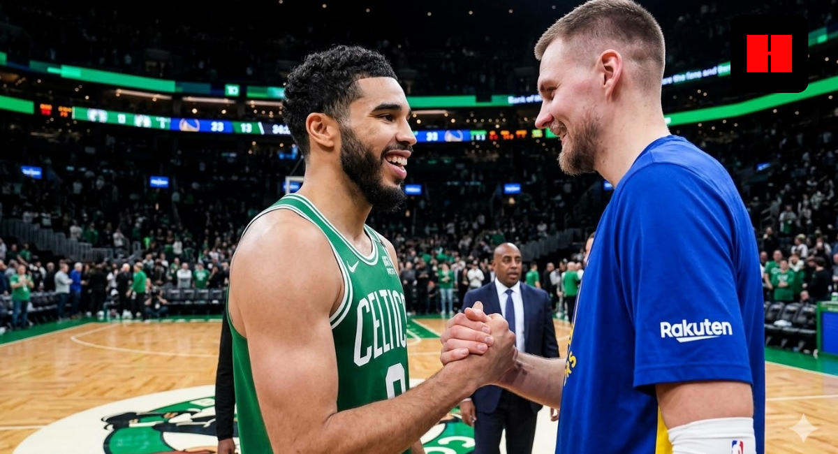 Two tall men, Jayson Tatum and Kristaps Porzingis, in green and blue basketball jerseys respectively, smiling as they shake hands on a crowded basketball court.