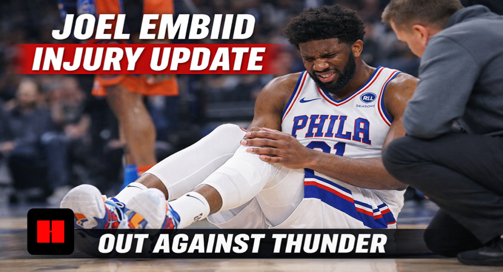 Philadelphia 76ers star Joel Embiid grimaces while holding his knee on the court as a trainer checks on him during a game against the Thunder, highlighting his injury status and absence.