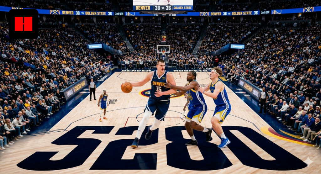 An action shot from a high-angle perspective shows Denver Nuggets center Nikola Jokić (15) bringing the ball up the court during a game against the Golden State Warriors, with the large '5280' marking clearly visible on the hardwood floor of Ball Arena.