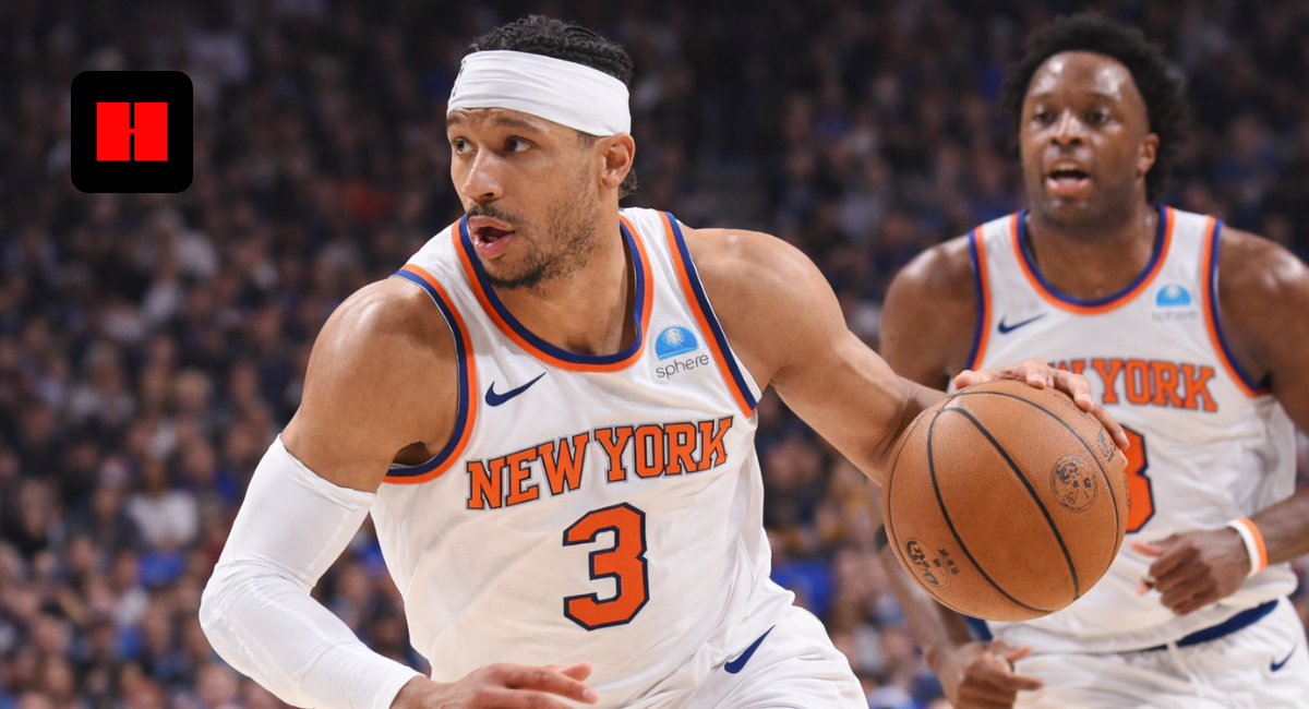 Josh Hart dribbling basketball during NBA game with New York Knicks teammate running behind on court action scene
