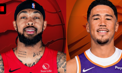 A composite portrait of Josh Hart of the New York Knicks (right, in white and orange jersey) and Gary Trent Jr. of the Toronto Raptors (left, in red and black jersey), shown face-to-face against matching orange and red carved basketball backgrounds.