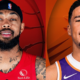 A composite portrait of Josh Hart of the New York Knicks (right, in white and orange jersey) and Gary Trent Jr. of the Toronto Raptors (left, in red and black jersey), shown face-to-face against matching orange and red carved basketball backgrounds.