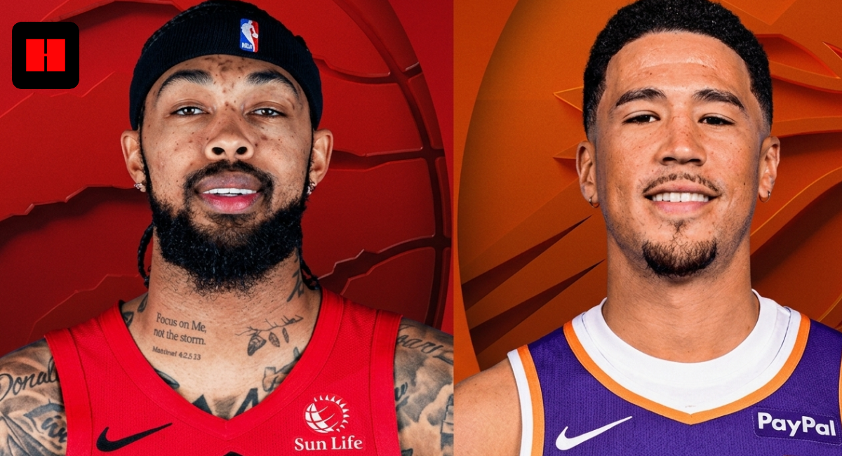 A composite portrait of Josh Hart of the New York Knicks (right, in white and orange jersey) and Gary Trent Jr. of the Toronto Raptors (left, in red and black jersey), shown face-to-face against matching orange and red carved basketball backgrounds.