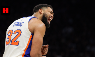 Karl-Anthony Towns celebrating during New York Knicks NBA game