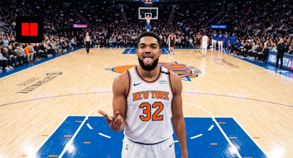 Karl-Anthony Towns celebrating on basketball court in New York Knicks jersey during NBA game with crowd in background