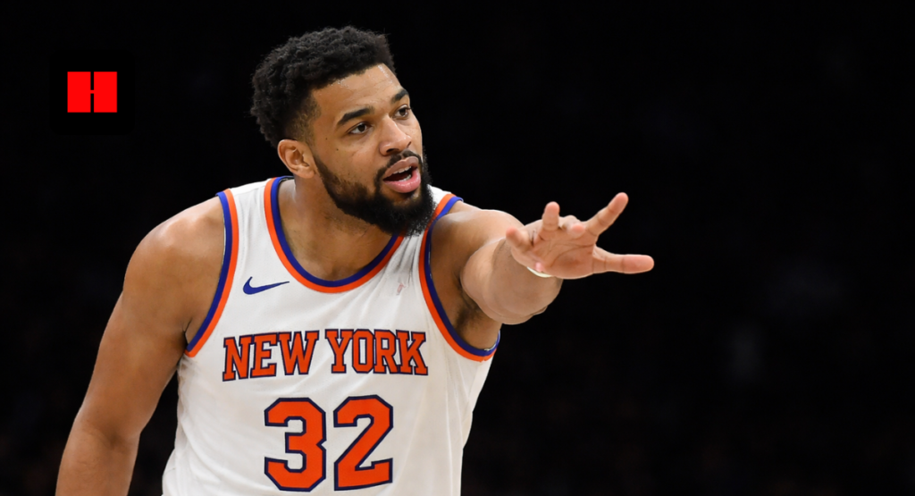 Karl-Anthony Towns pointing during New York Knicks NBA game action