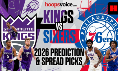 Sacramento Kings vs Philadelphia 76ers 2026 prediction and spread picks graphic with team logos and star players on both sides.