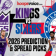 Sacramento Kings vs Philadelphia 76ers 2026 prediction and spread picks graphic with team logos and star players on both sides.