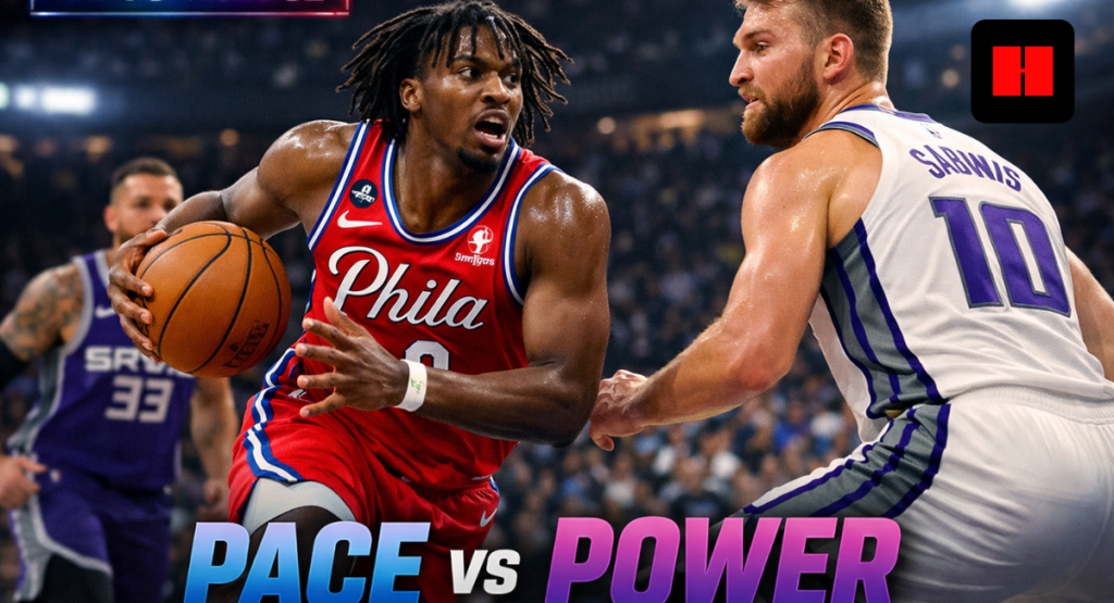 Tyrese Maxey drives past Domantas Sabonis during a fast-paced Kings vs Sixers NBA game showdown