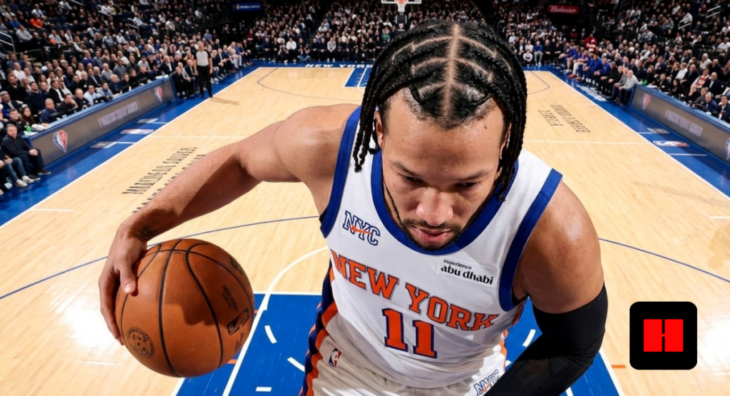 Bird's-eye view of New York Knicks player #11 looking down while handling a basketball during a game.