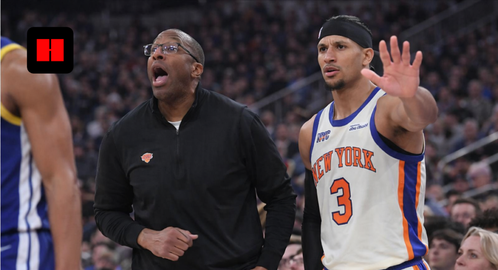 New York Knicks coach and Josh Hart reacting during an NBA game against the Golden State Warriors at Madison Square Garden