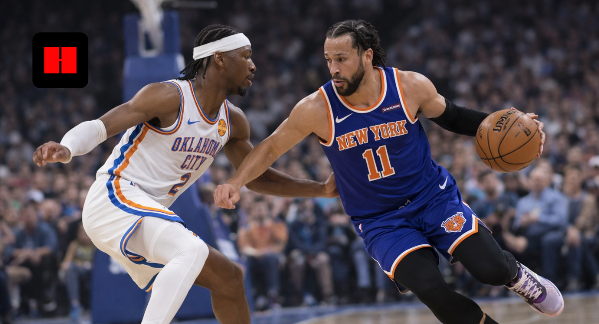 New York Knicks player driving to the basket against Oklahoma City Thunder defender during NBA game