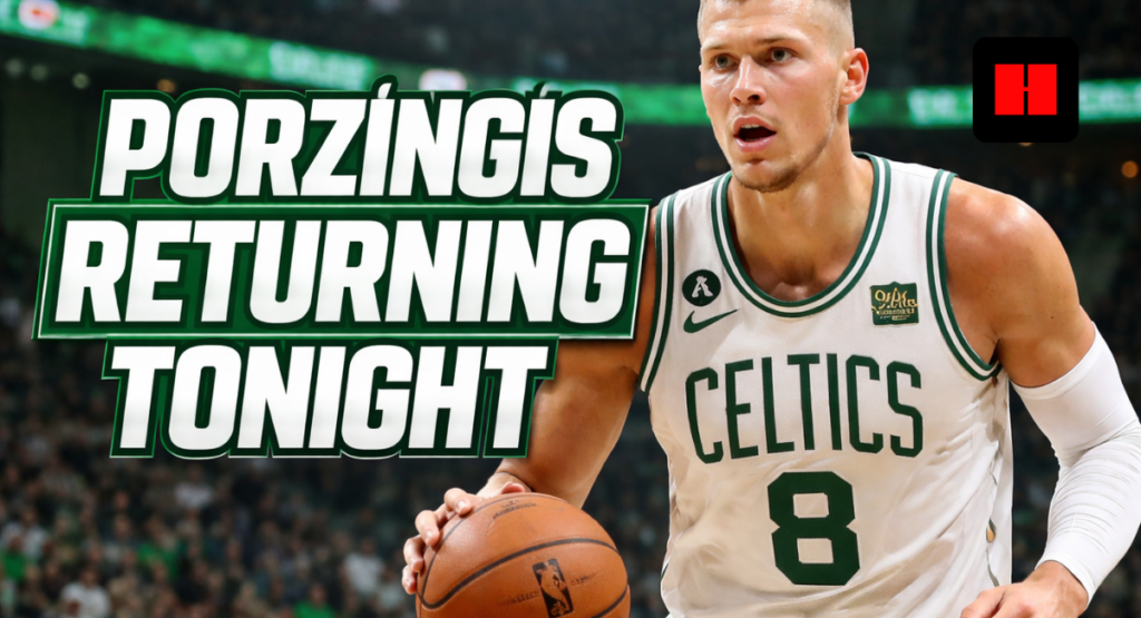 Kristaps Porziņģis dribbles in a Boston Celtics uniform during his return game against the Golden State Warriors in 2026.