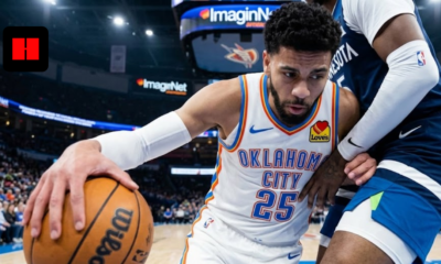 Lindy Waters III of the Oklahoma City Thunder dribbling a basketball while being guarded by a Minnesota Timberwolves player during an NBA game.