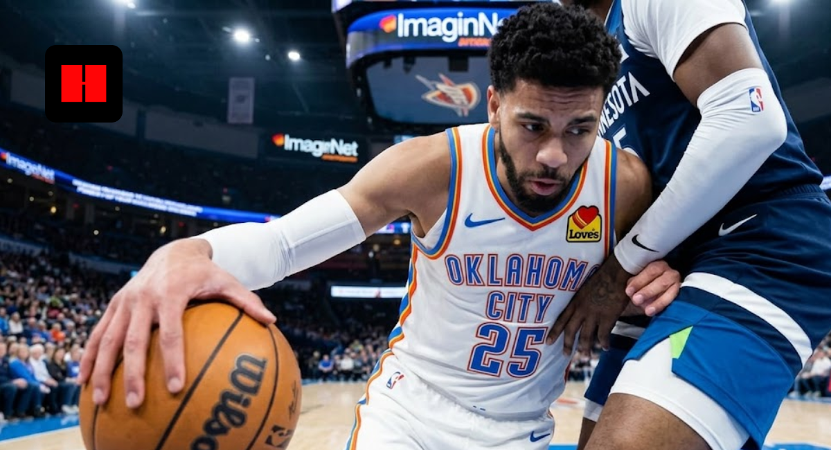 Lindy Waters III of the Oklahoma City Thunder dribbling a basketball while being guarded by a Minnesota Timberwolves player during an NBA game.