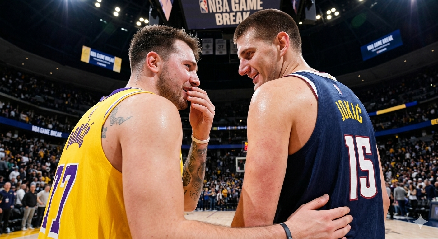 Luka Dončić and Nikola Jokić share a postgame moment on court during an NBA game break