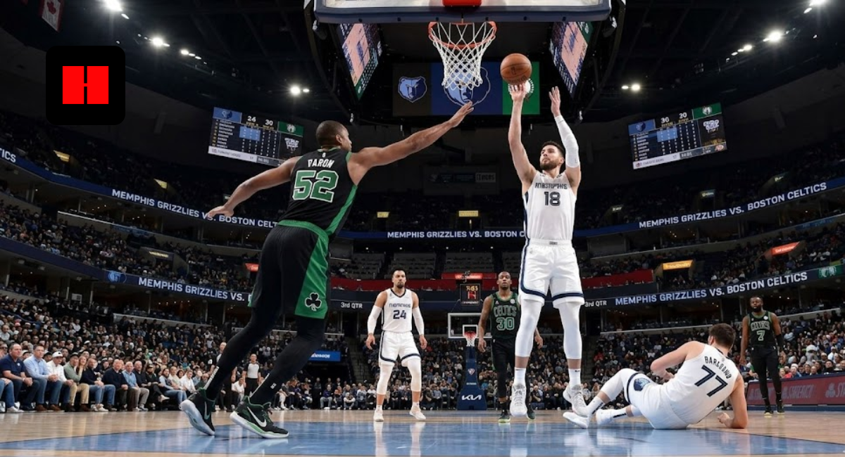 A Memphis Grizzlies player in a white jersey takes a jump shot over a Boston Celtics defender in a black jersey during a high-stakes NBA game at FedExForum.