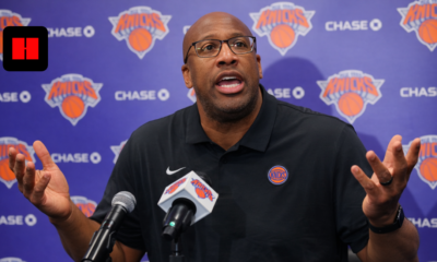 Coach Mike Brown speaks during a New York Knicks postgame press conference at Madison Square Garden after the Knicks' 100–97 win over the Golden State Warriors.