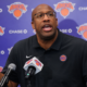 Coach Mike Brown speaks during a New York Knicks postgame press conference at Madison Square Garden after the Knicks' 100–97 win over the Golden State Warriors.