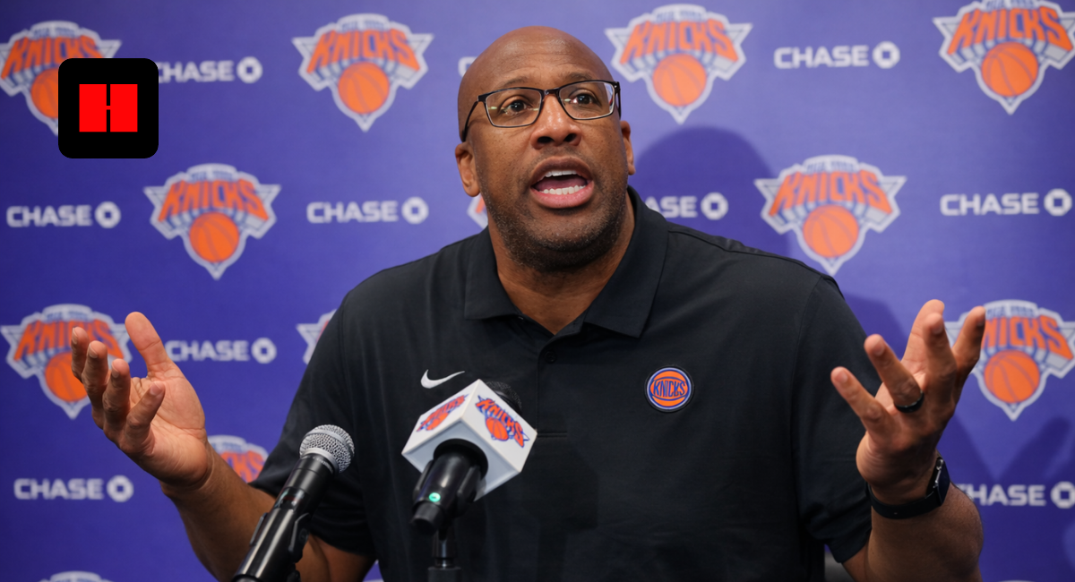 Coach Mike Brown speaks during a New York Knicks postgame press conference at Madison Square Garden after the Knicks' 100–97 win over the Golden State Warriors.