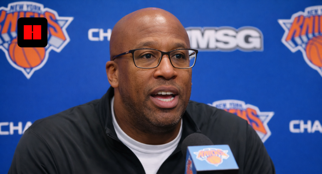 New York Knicks head coach Mike Brown speaks during a postgame press conference at Madison Square Garden following the Knicks' win over the Golden State Warriors.