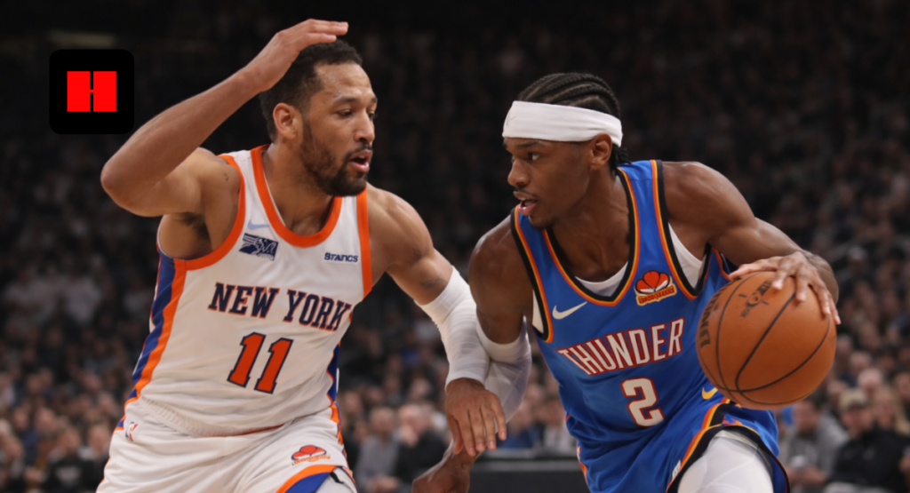 Oklahoma City Thunder player dribbling past New York Knicks defender during NBA game action