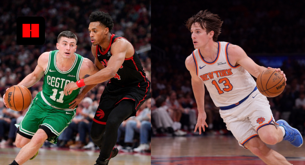 NBA guards dribbling ball during game action featuring Boston Celtics and New York Knicks players driving past defenders