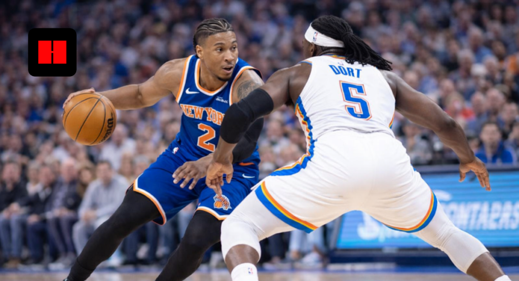 New York Knicks player dribbling past Oklahoma City Thunder defender during NBA game action