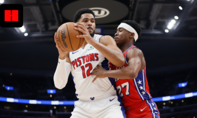 Detroit Pistons center posts up against a Philadelphia 76ers defender during the Pistons beat 76ers 131-109 game at Little Caesars Arena.