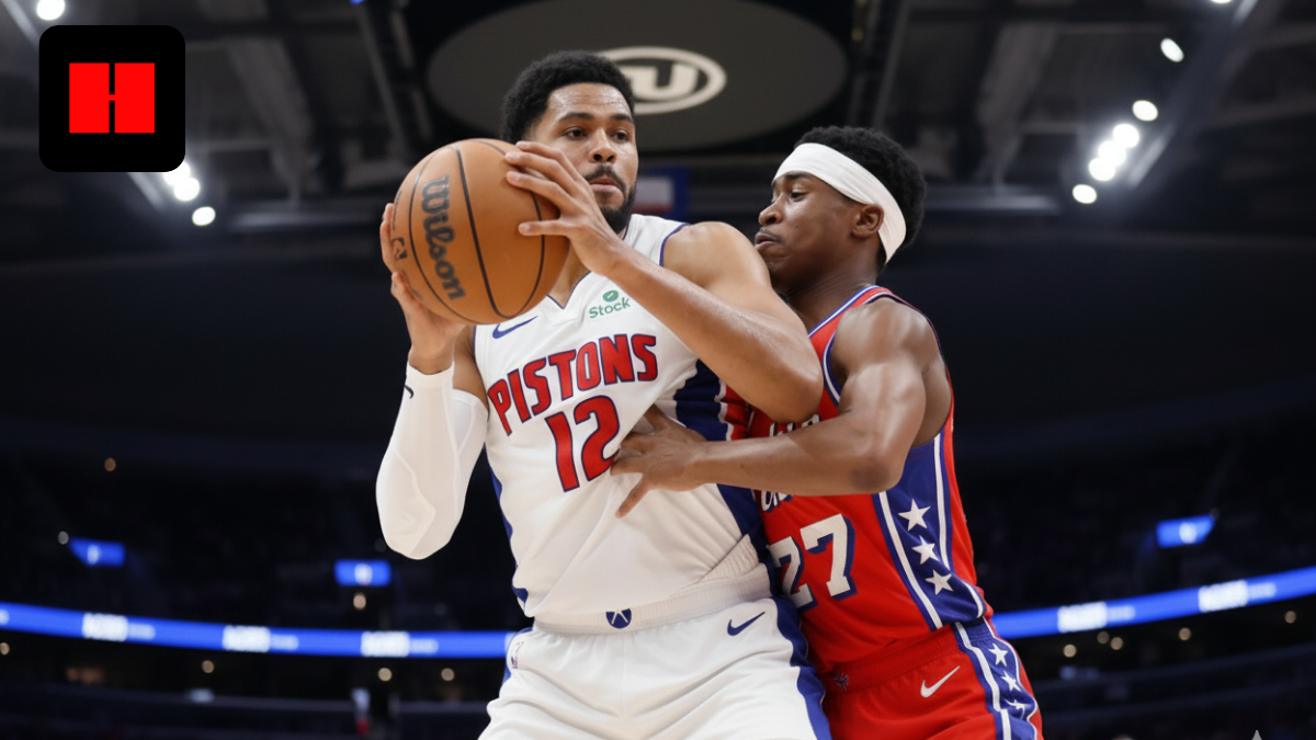 Detroit Pistons center posts up against a Philadelphia 76ers defender during the Pistons beat 76ers 131-109 game at Little Caesars Arena.