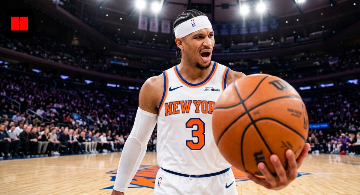 New York Knicks player Josh Hart in a white home jersey and headband, showing intense emotion during a game at MSG.