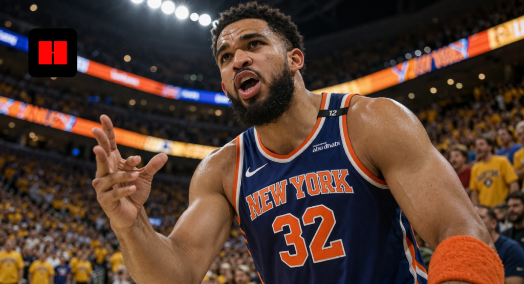 New York Knicks player showing intense courtside reaction during NBA game with crowd in background and arena lights in UHD quality