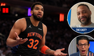 New York Knicks player reacting during an NBA game with analyst commentary discussing Eastern Conference performance