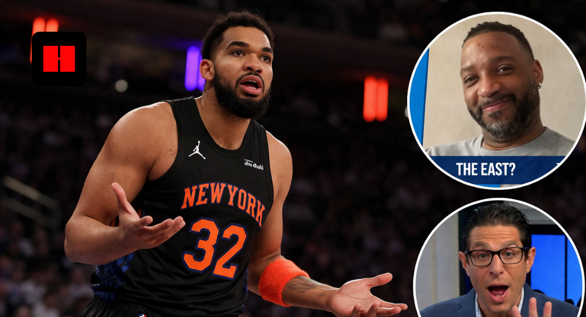 New York Knicks player reacting during an NBA game with analyst commentary discussing Eastern Conference performance