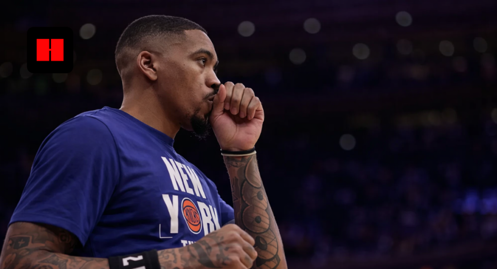 Close-up of a New York Knicks player during warmup inside an NBA arena
