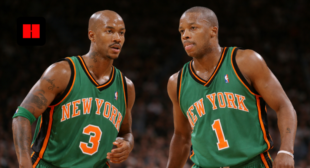 New York Knicks players Stephon Marbury and Steve Francis wearing green St. Patrick’s Day jerseys during an NBA game in 2006.