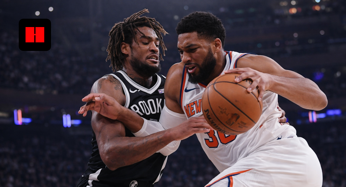 New York Knicks player driving past Brooklyn Nets defender during NBA game action in UHD quality
