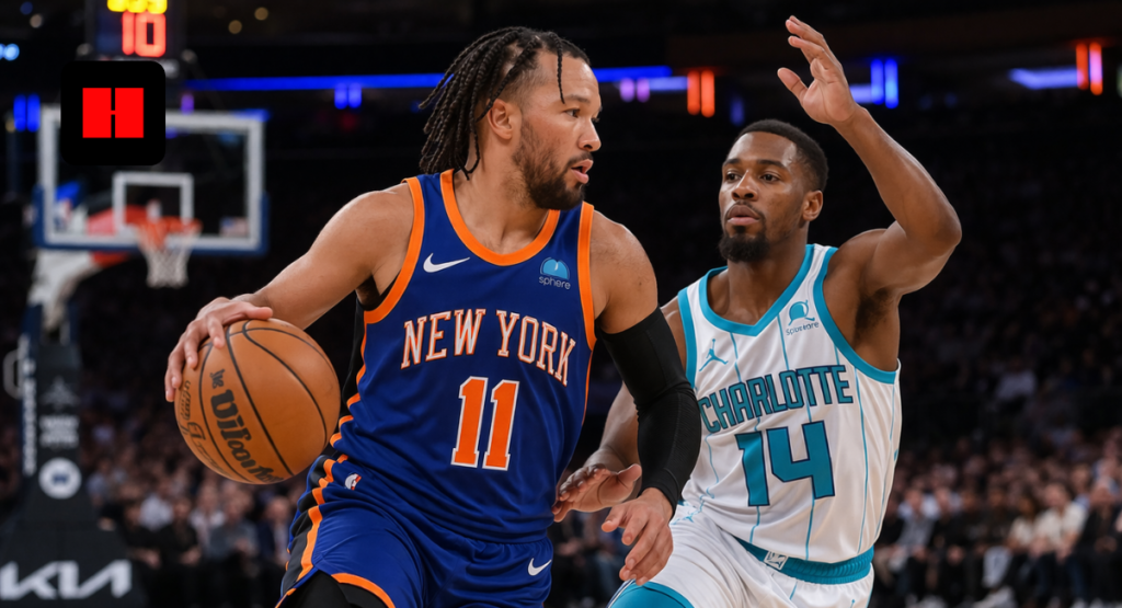 New York Knicks player dribbling past Charlotte Hornets defender during an NBA basketball game on indoor court