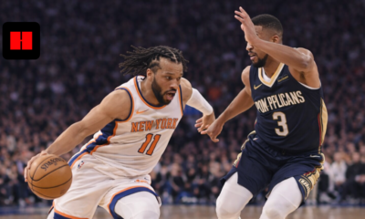 New York Knicks player dribbling past New Orleans Pelicans defender in an ultra HD NBA game action photo