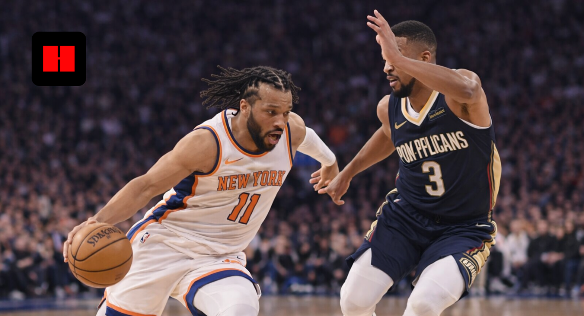 New York Knicks player dribbling past New Orleans Pelicans defender in an ultra HD NBA game action photo