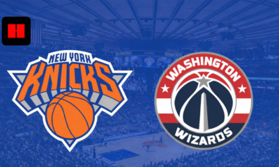 New York Knicks vs Washington Wizards logos displayed over basketball arena background at Madison Square Garden