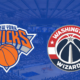New York Knicks vs Washington Wizards logos displayed over basketball arena background at Madison Square Garden