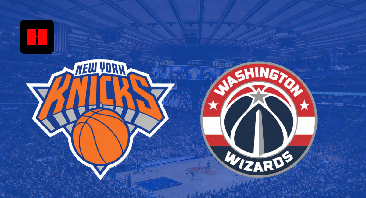 New York Knicks vs Washington Wizards logos displayed over basketball arena background at Madison Square Garden