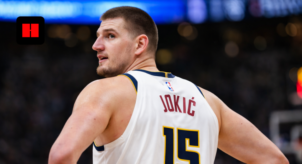 Nikola Jokic back view wearing Denver Nuggets jersey number 15 during NBA game UHD image.