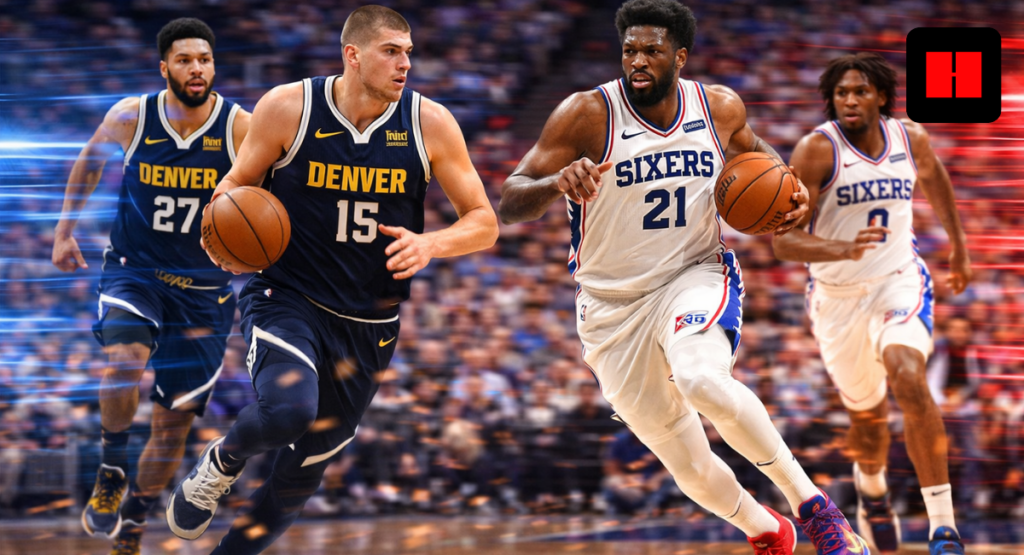 Nikola Jokic and Joel Embiid lead Denver Nuggets and Philadelphia 76ers in a fast break transition play during high pace NBA matchup