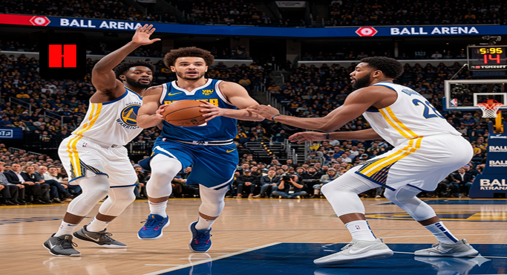 Brandin Podziemski drives between two Warriors defenders during Nuggets vs Warriors game at Ball Arena